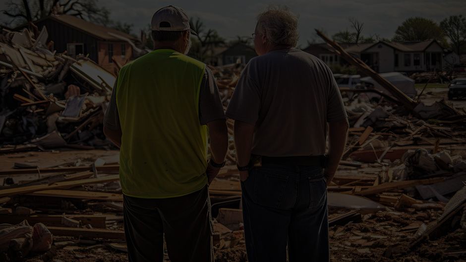 Two volunteers surveying the damage after a hurricane